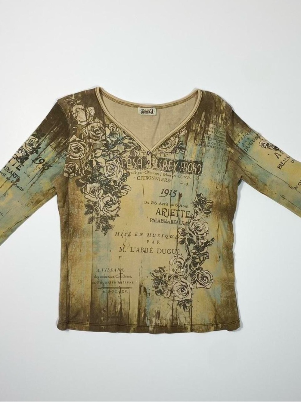 Jamee J Floral Script Graphic Teal and Tan Top 100% Cotton Womens Large Western